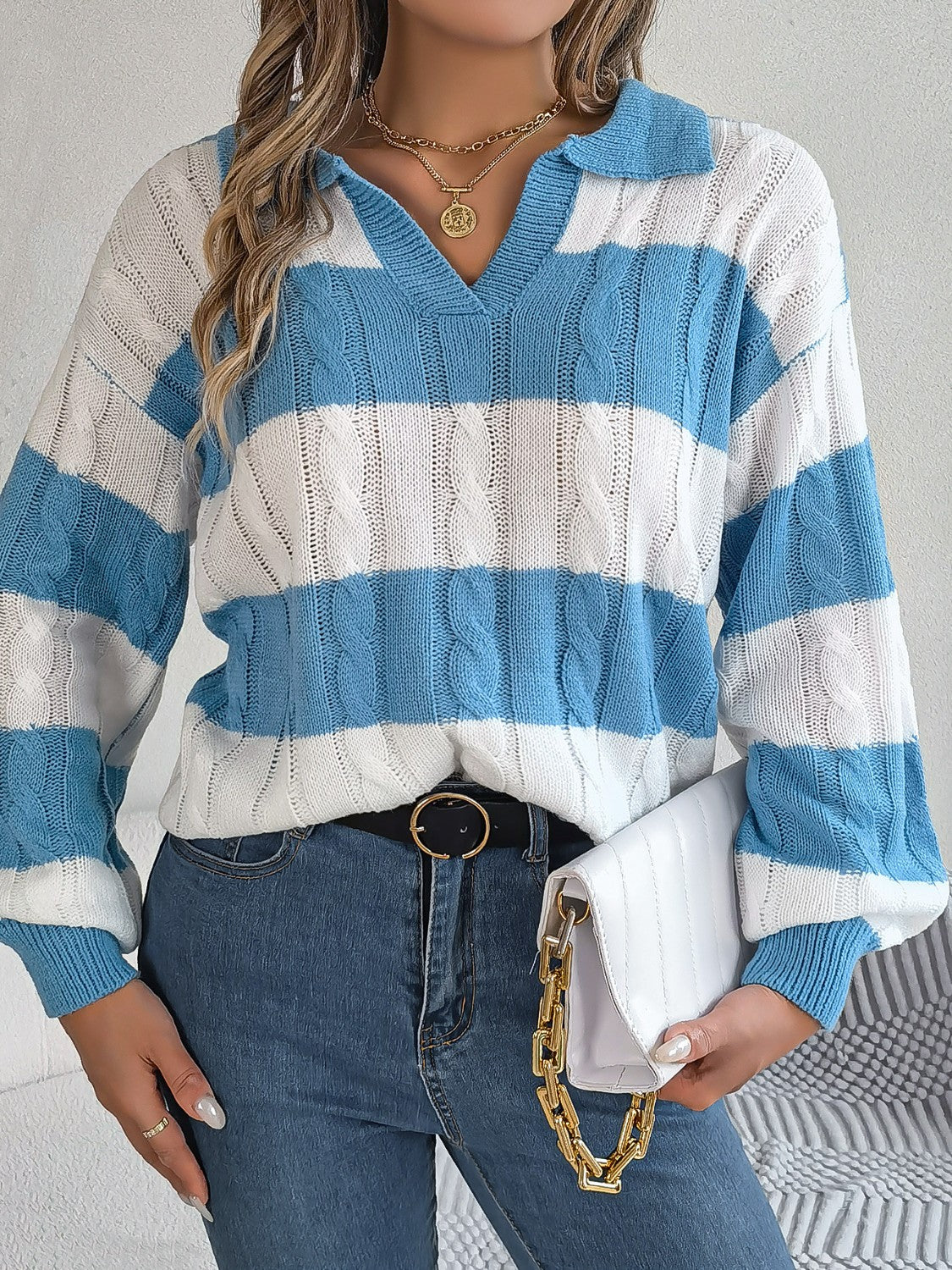 Cable-Knit Striped Long Sleeve Sweater - Tantalize Boutique