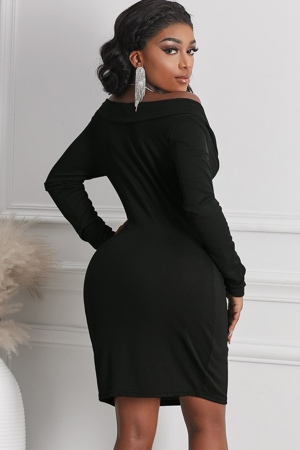 Long Sleeve Plunge Ribbed Bodycon Dress - Tantalize Boutique