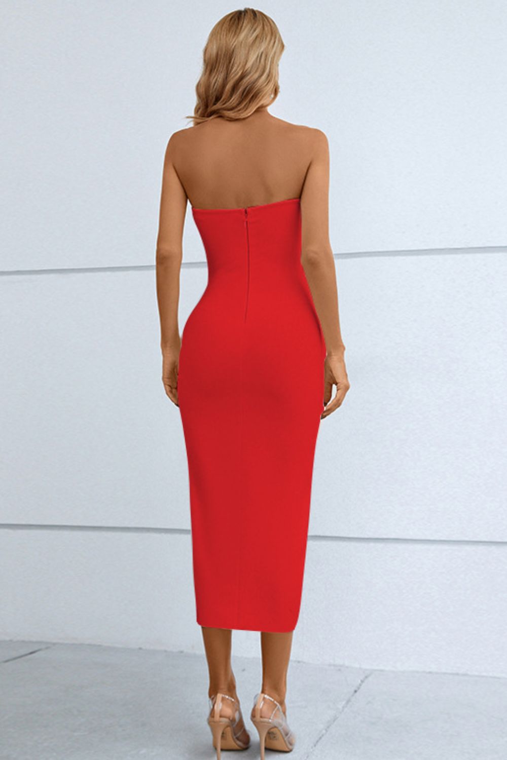 Cutout Strapless Drawstring Detail Split Bandage Dress - Tantalize Boutique