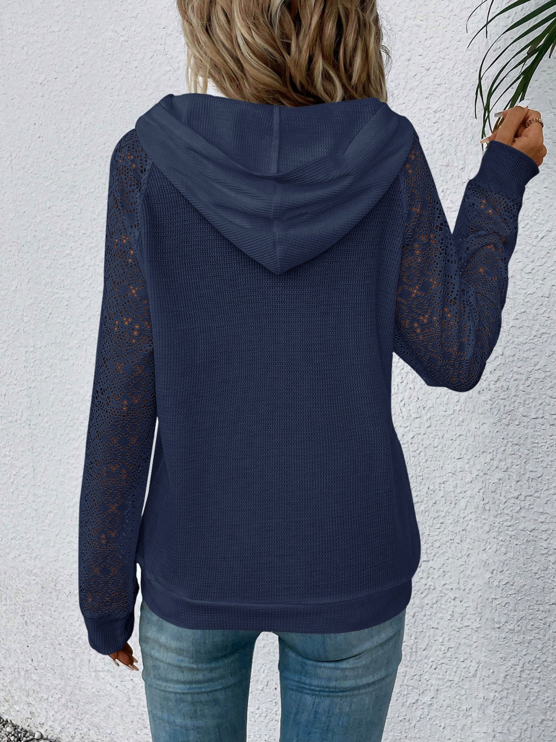 Waffle-Knit Lace Kangaroo Pocket Hoodie - Tantalize Boutique