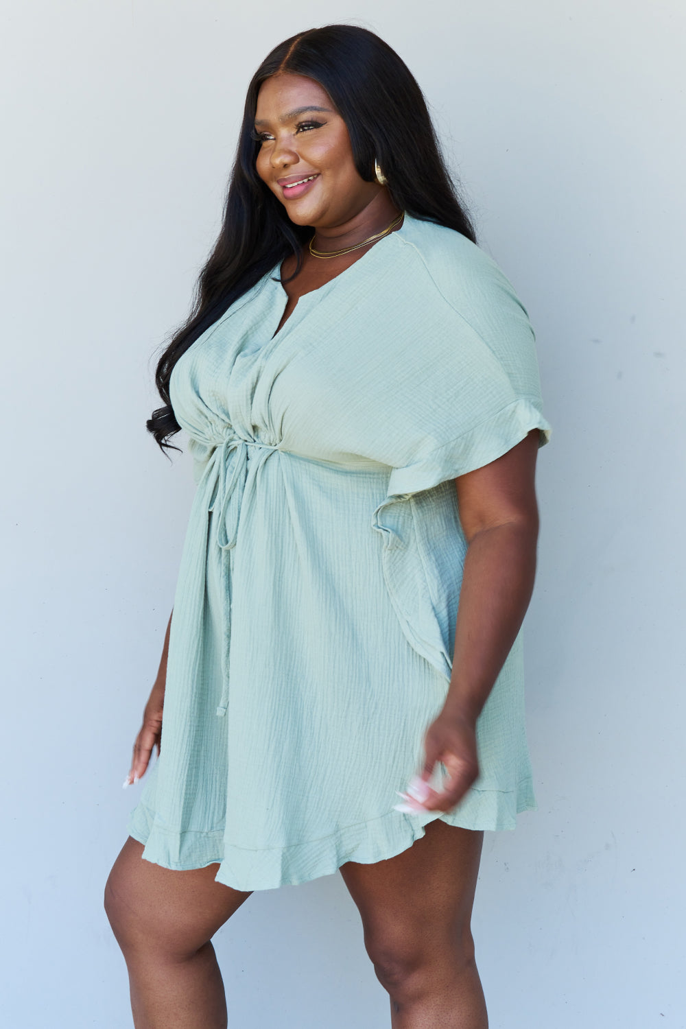 Ninexis Out Of Time Full Size Ruffle Hem Dress with Drawstring Waistband in Light Sage - Tantalize Boutique