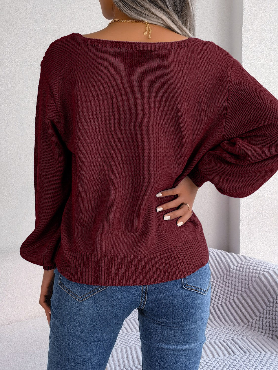 Cable-Knit Square Neck Long Sleeve Sweater - Tantalize Boutique