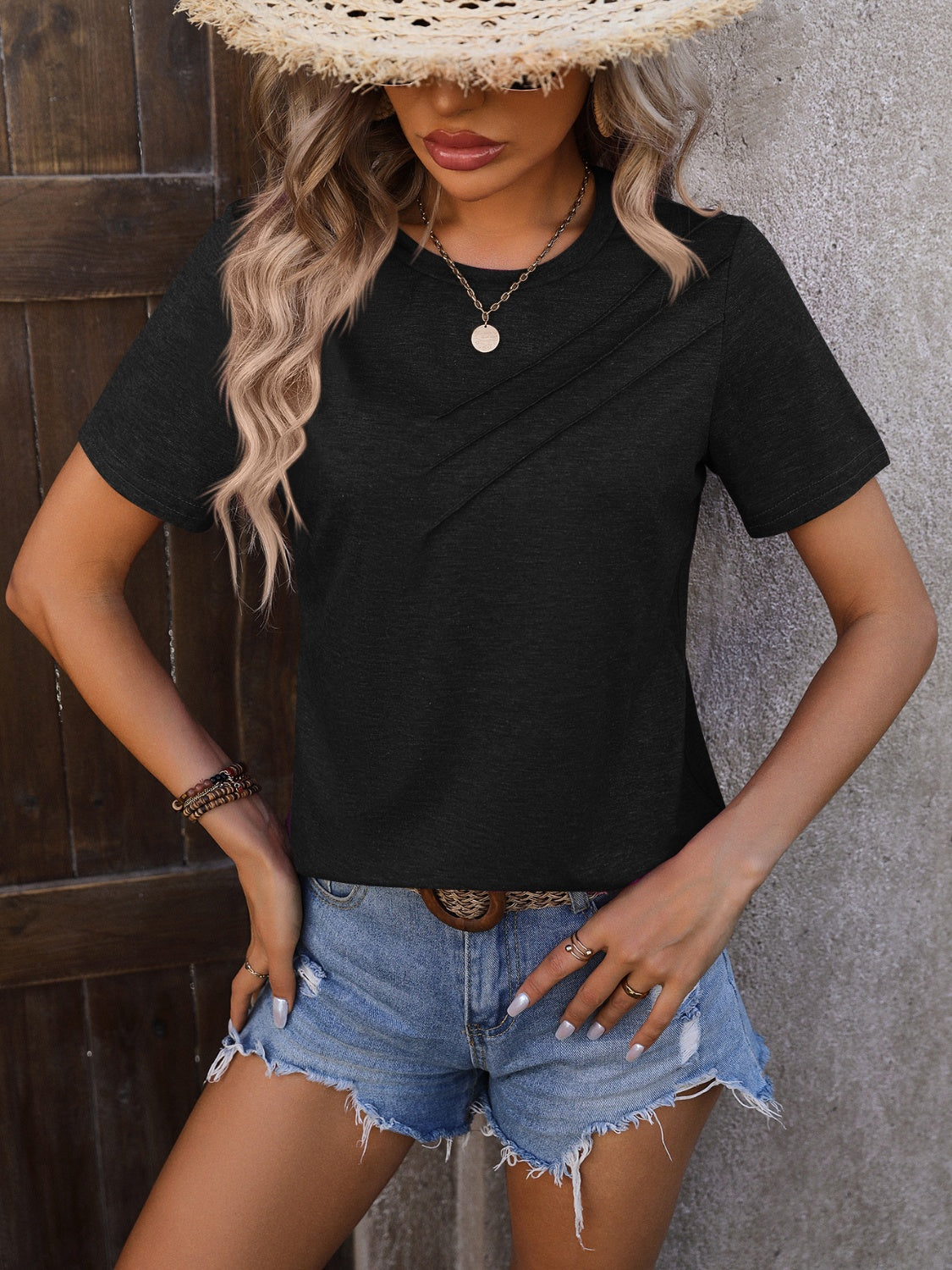 Heathered Round Neck Short Sleeve T-Shirt - Tantalize Boutique