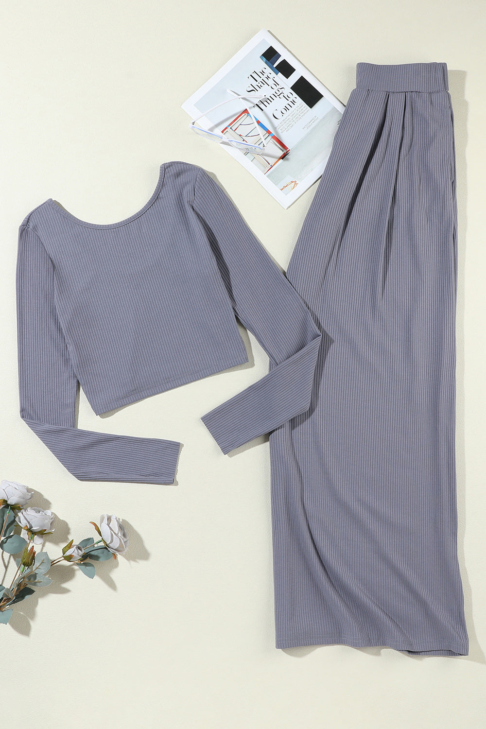 Ribbed Round Neck Top and Wide-Leg Pants Set - Tantalize Boutique