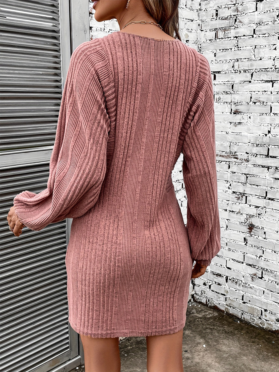 Ribbed Round Neck Long Sleeve Dress - Tantalize Boutique