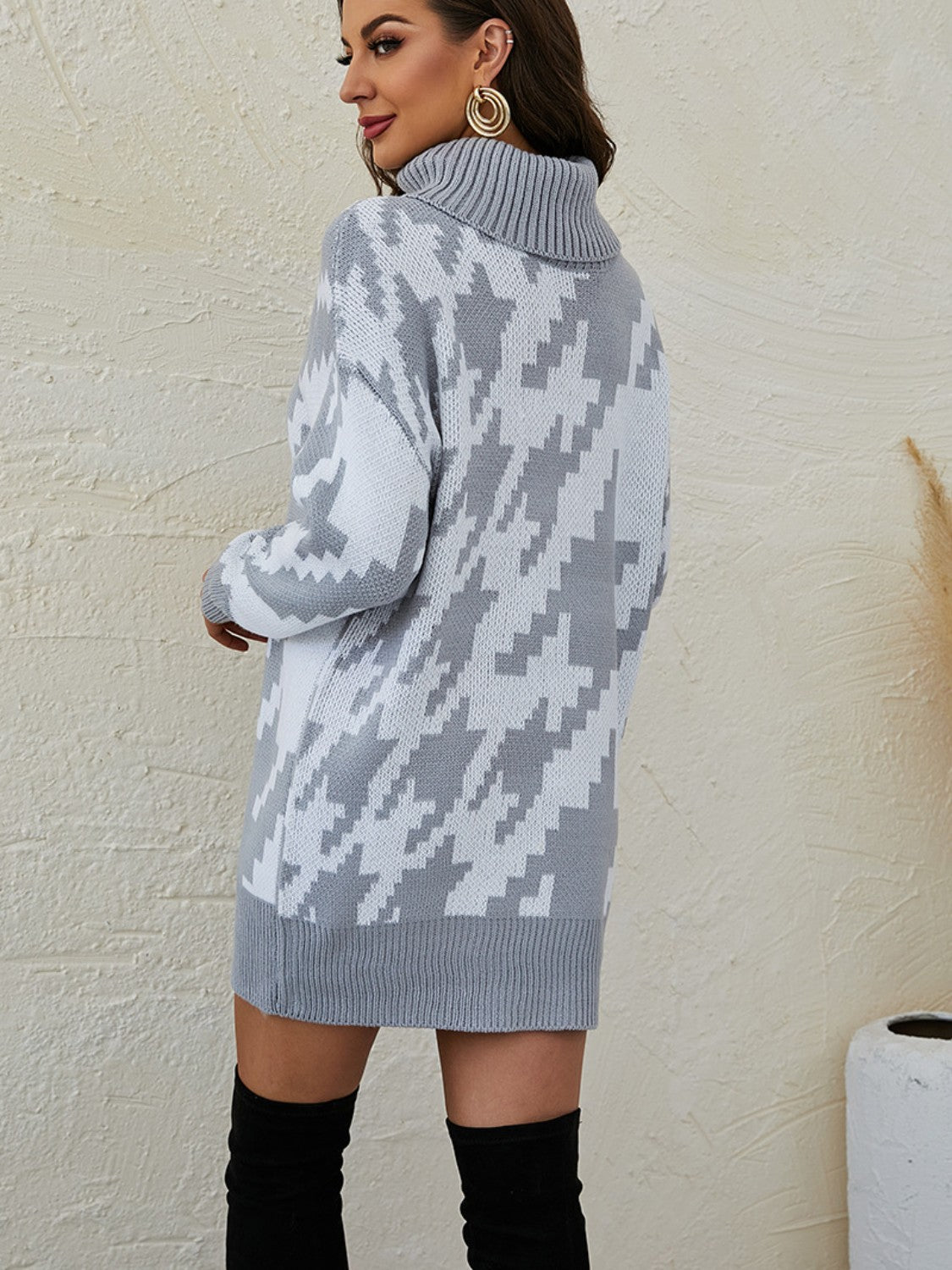 Turtleneck Dropped Shoulder Mini Sweater Dress - Tantalize Boutique