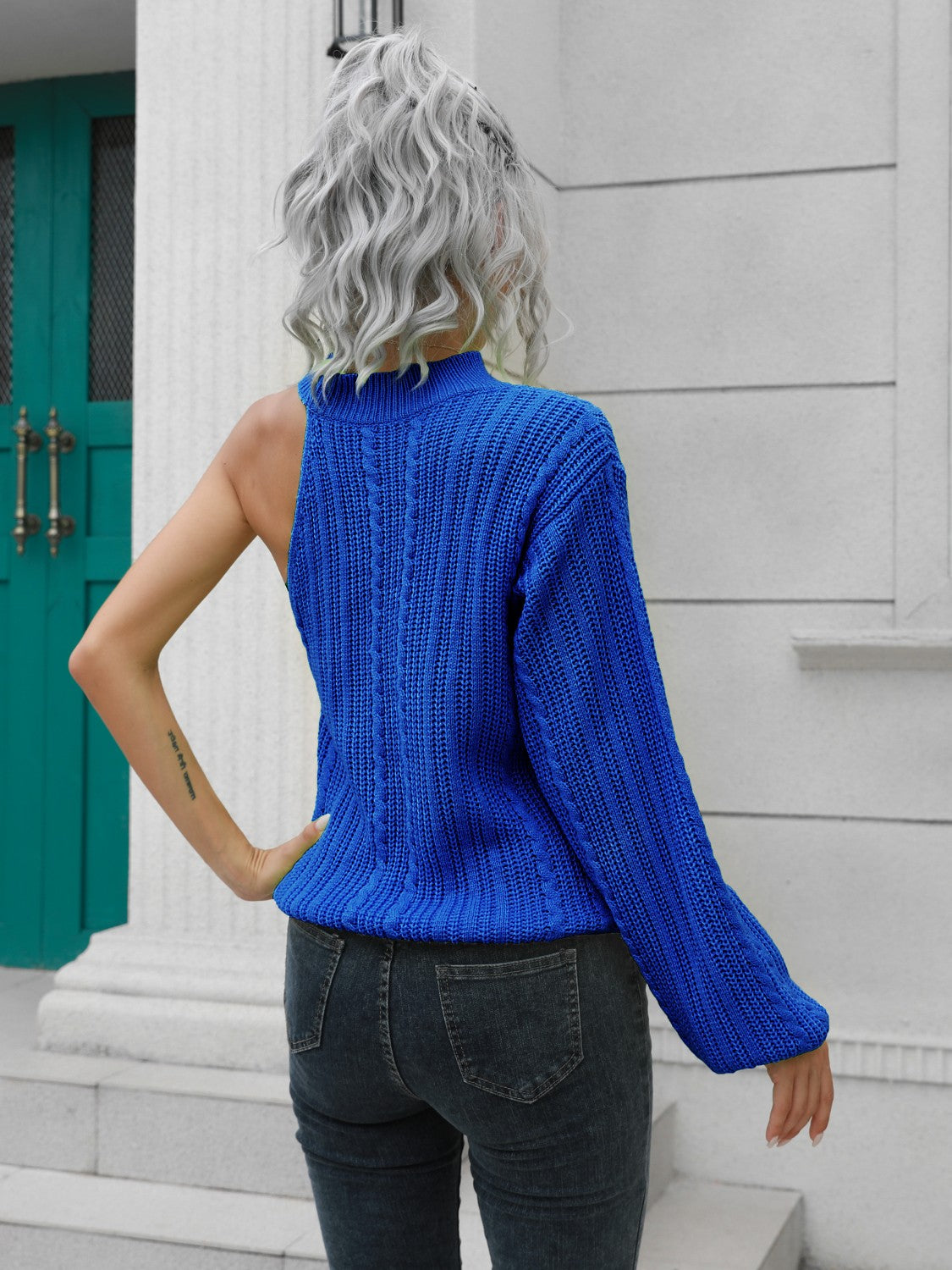 Cable-Knit Round Neck Asymmetrical Sweater - Tantalize Boutique