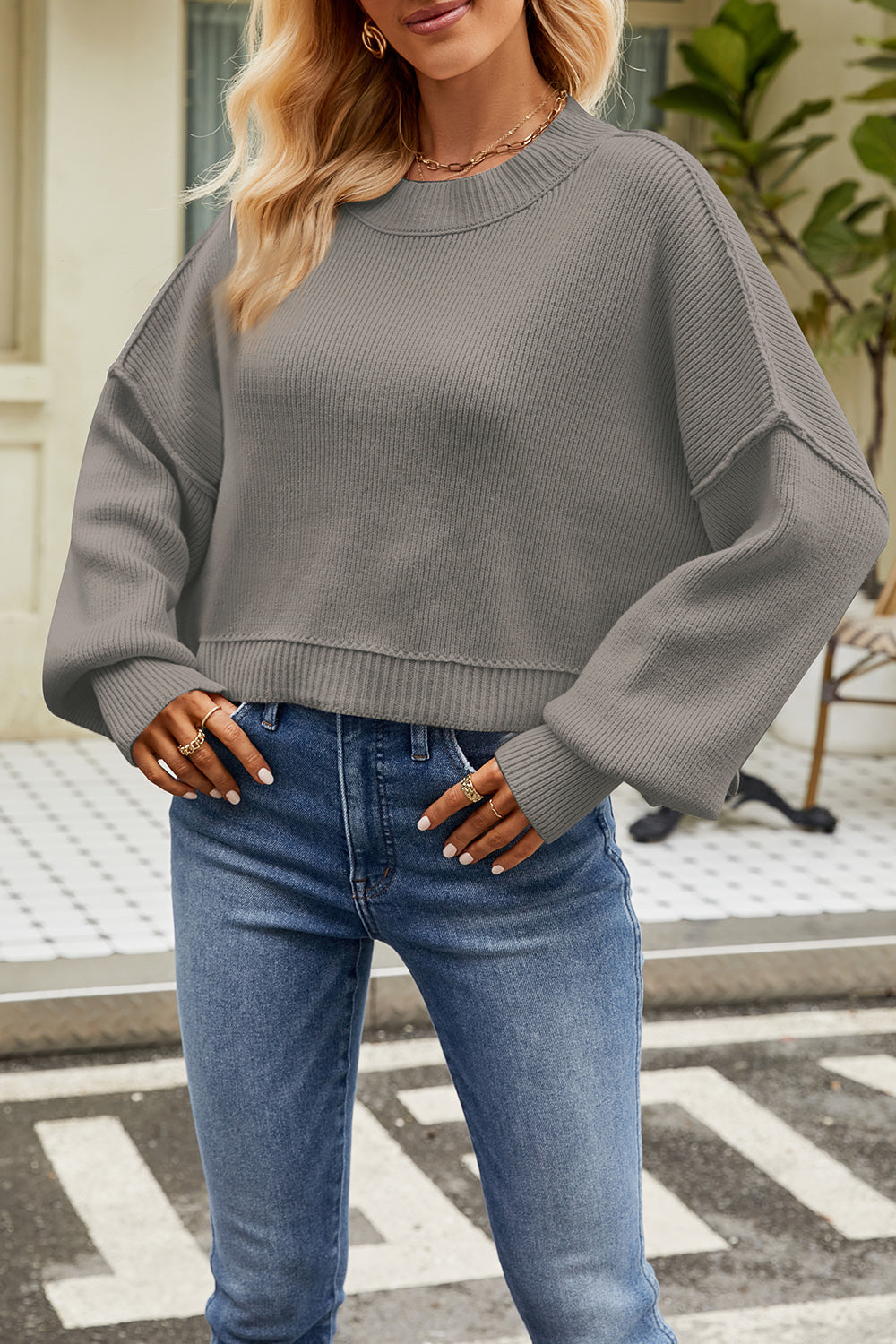 Round Neck Dropped Shoulder Sweater - Tantalize Boutique