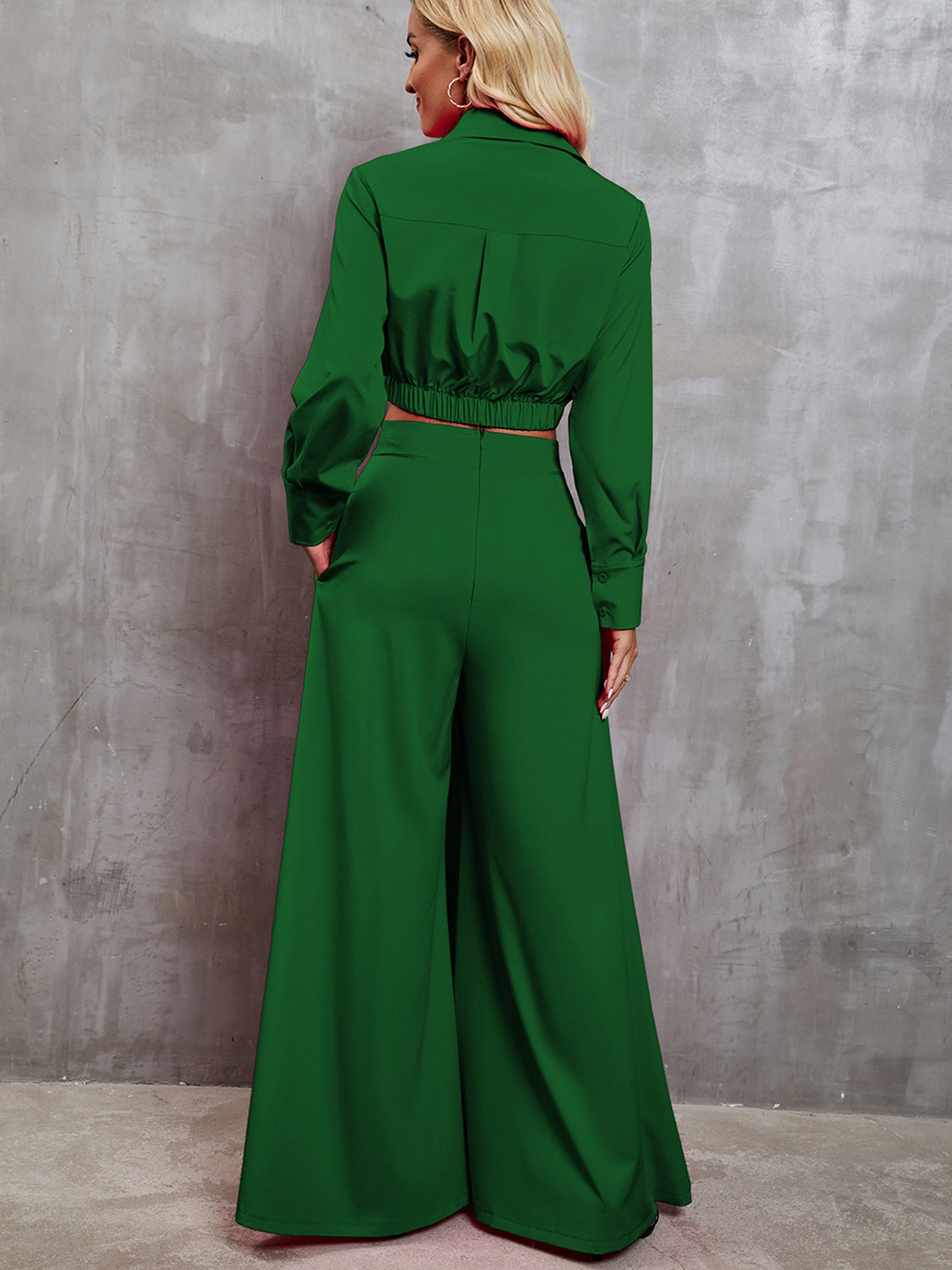 Collared Neck Long Sleeve Top and Wide Leg Pants Set - Tantalize Boutique