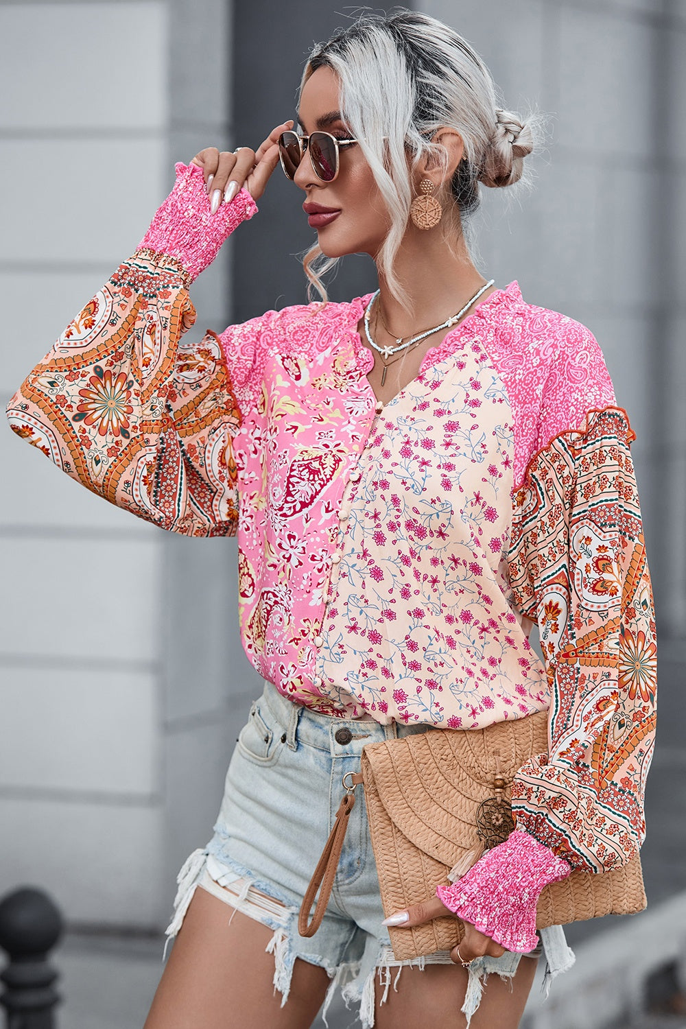 Floral Printed Puff Sleeve V-Neck Shirt - Tantalize Boutique