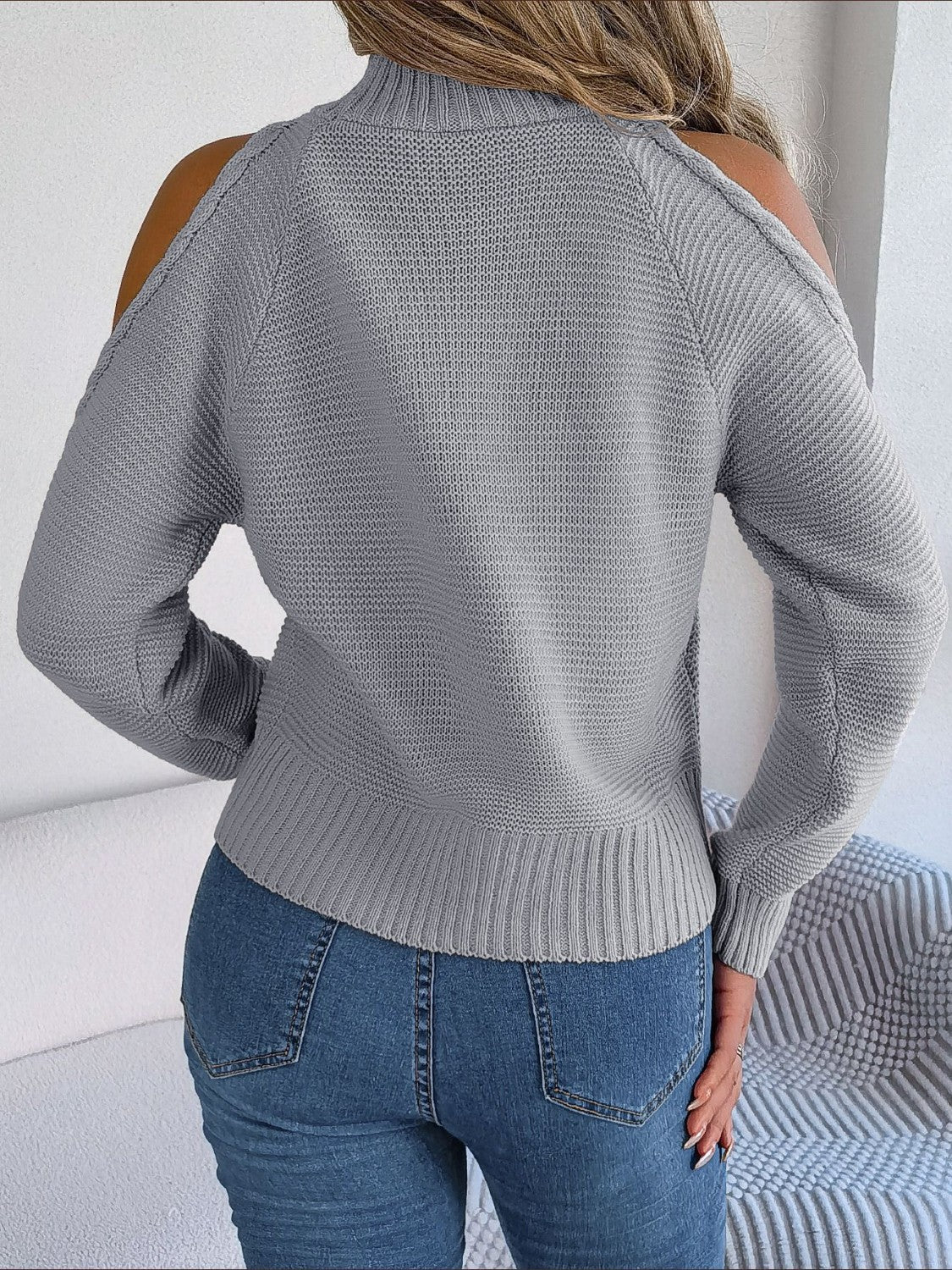 Cable-Knit Turtleneck Cold Shoulder Sweater - Tantalize Boutique