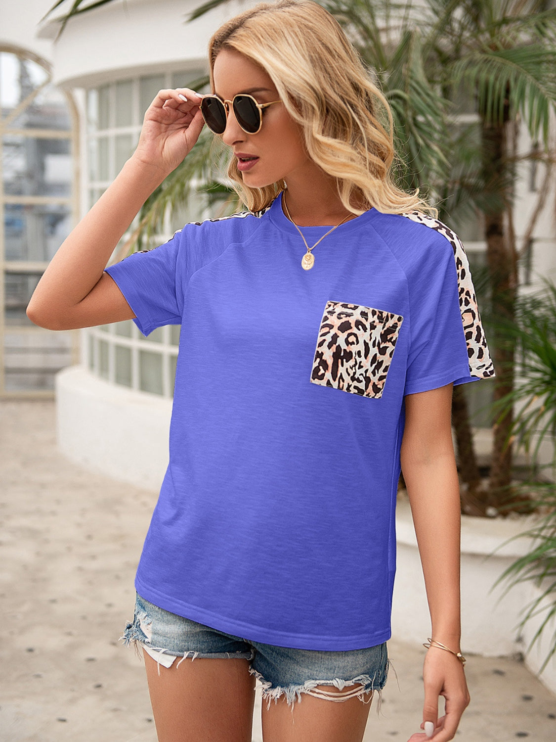 Pocketed Leopard Round Neck Short Sleeve T-Shirt - Tantalize Boutique