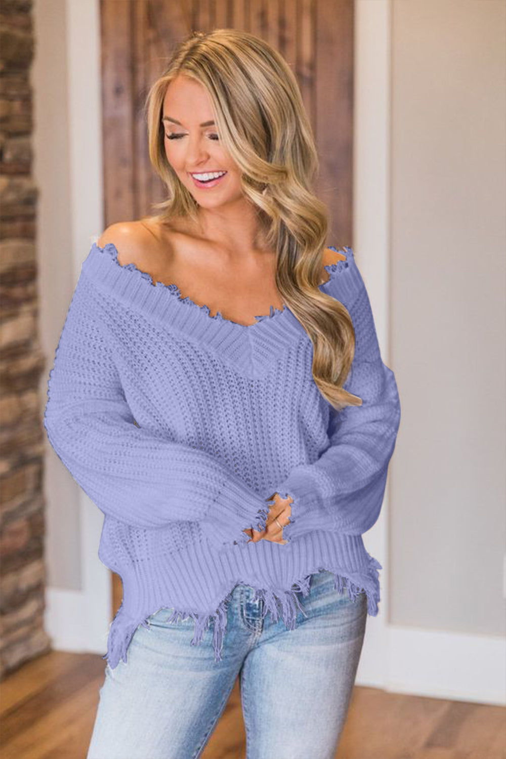 Frayed Hem Dropped Shoulder Sweater - Tantalize Boutique