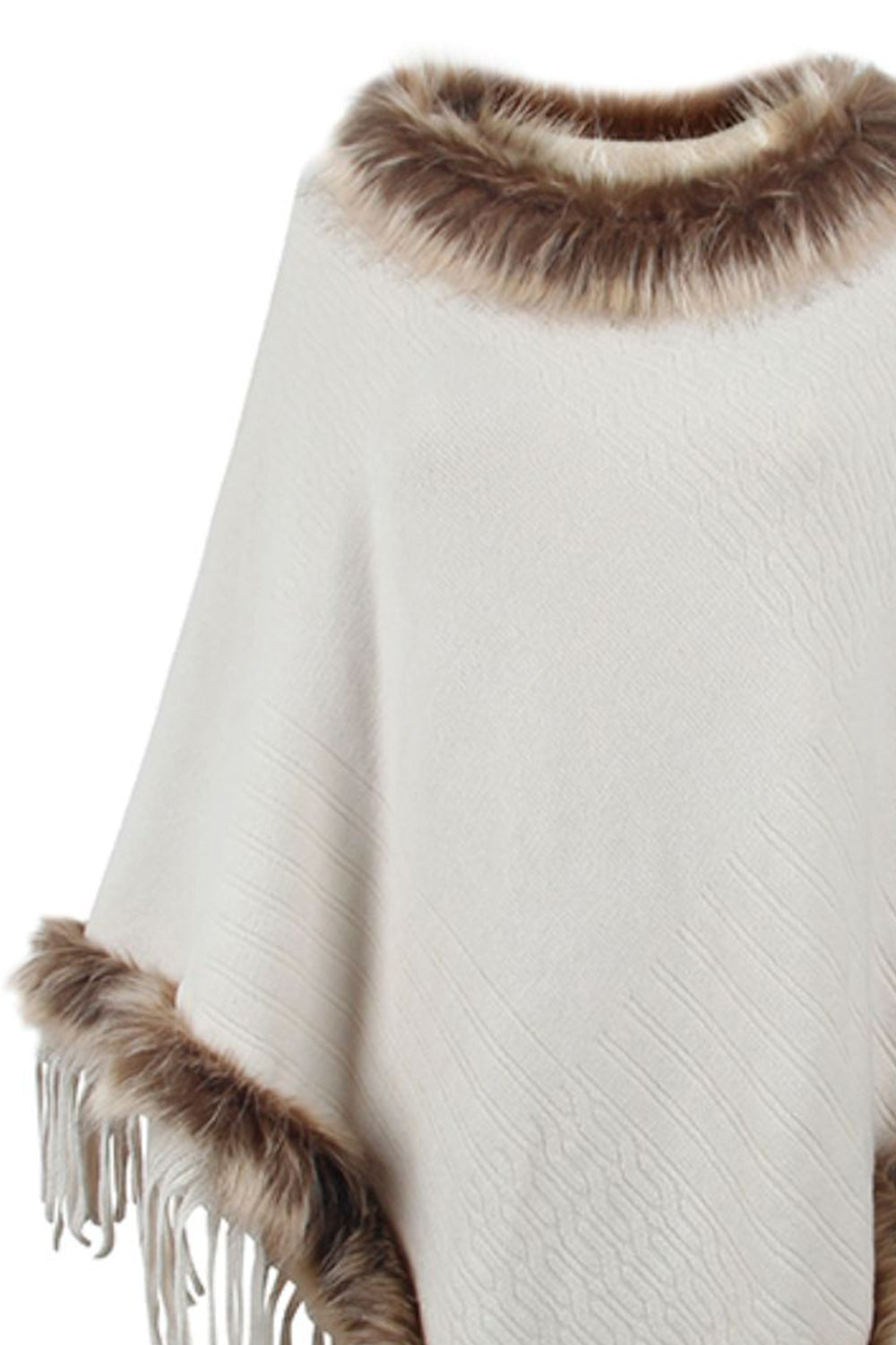Faux Fur Trim Fringed Poncho - Tantalize Boutique
