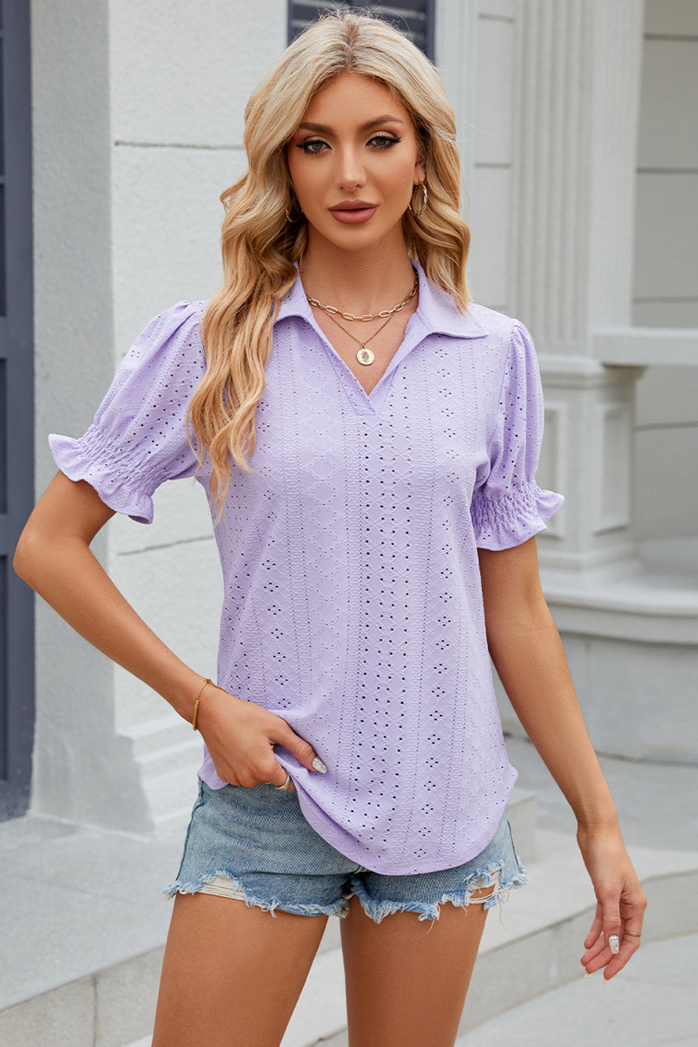 Eyelet Johnny Collar Short Sleeve Blouse - Tantalize Boutique