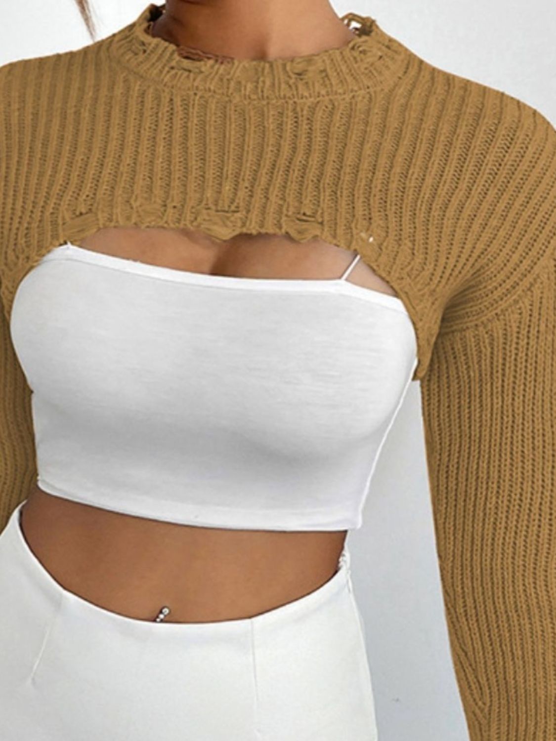 Distressed Long Sleeve Cropped Sweater - Tantalize Boutique