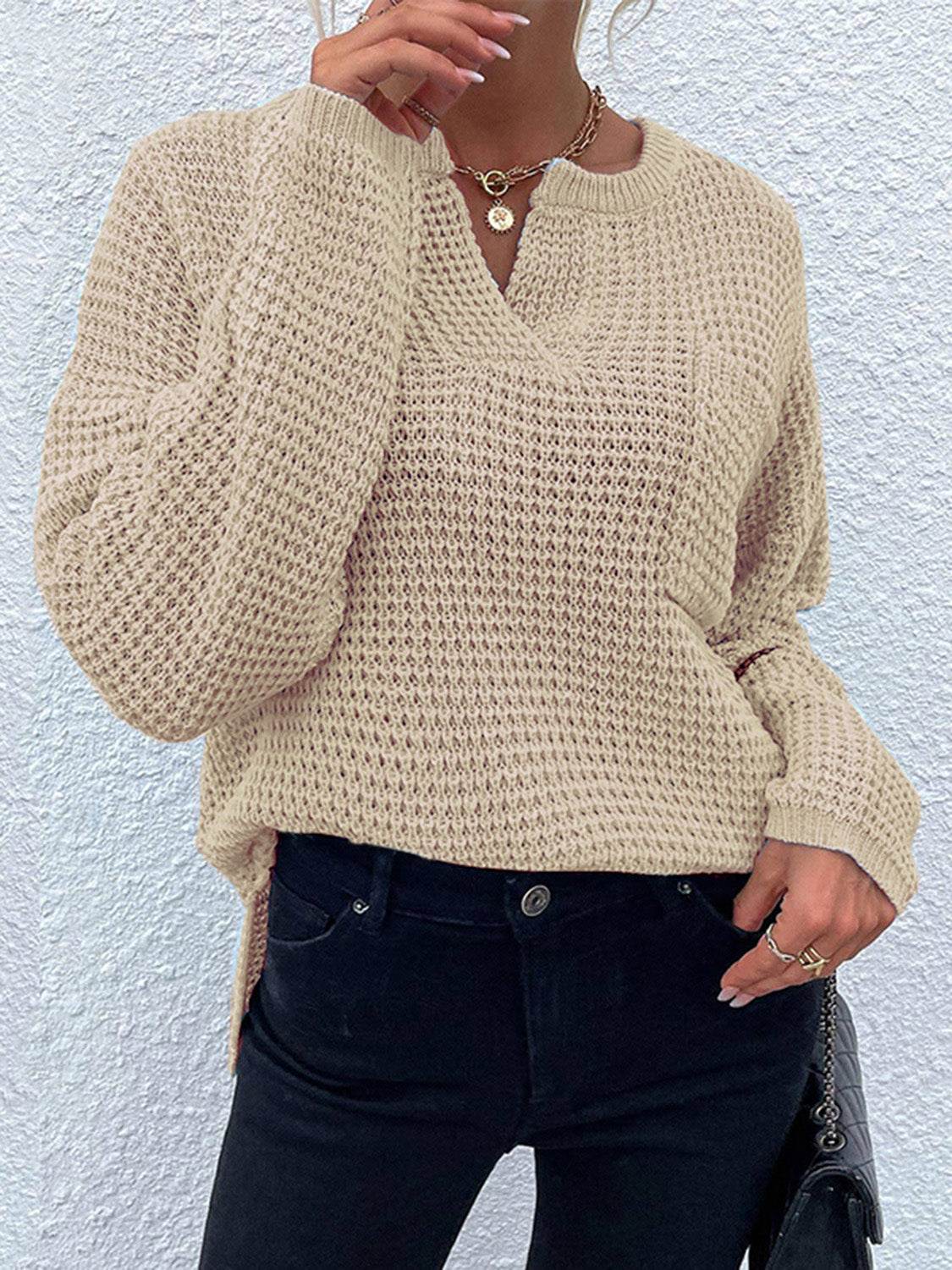 Notched Long Sleeve Sweater - Tantalize Boutique
