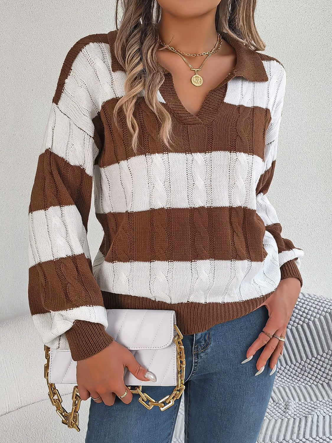Cable-Knit Striped Long Sleeve Sweater - Tantalize Boutique