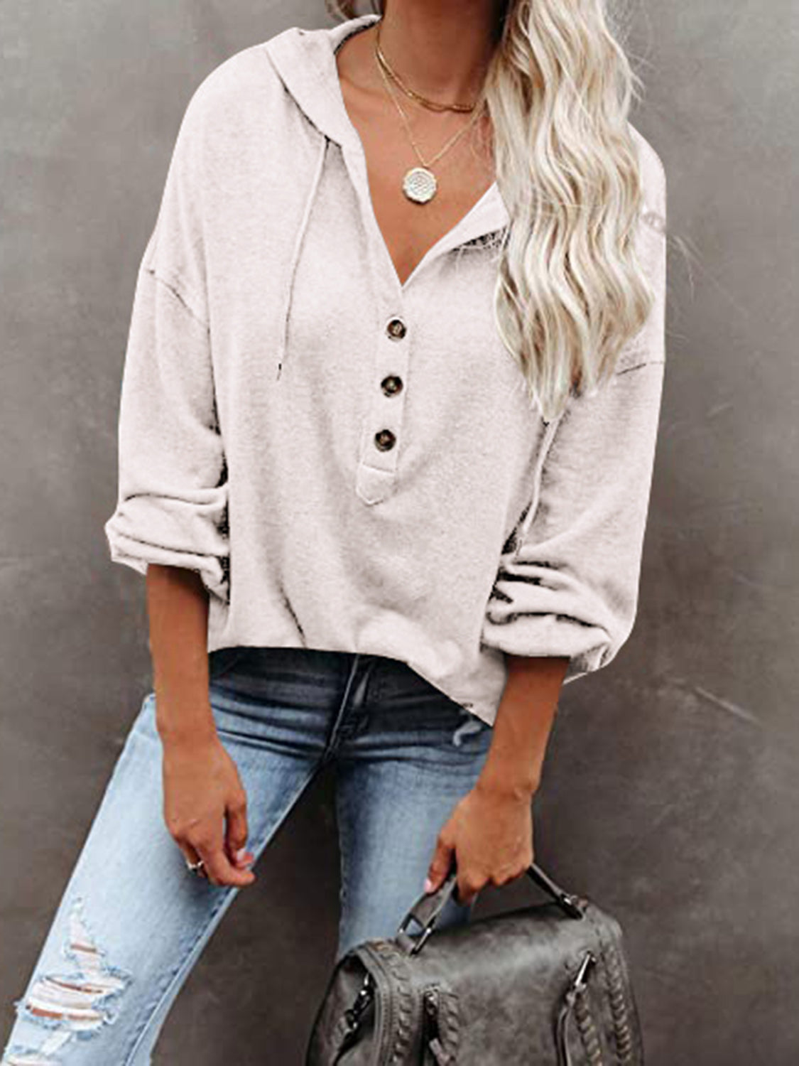 Buttoned Drop Shoulder Hoodie - Tantalize Boutique