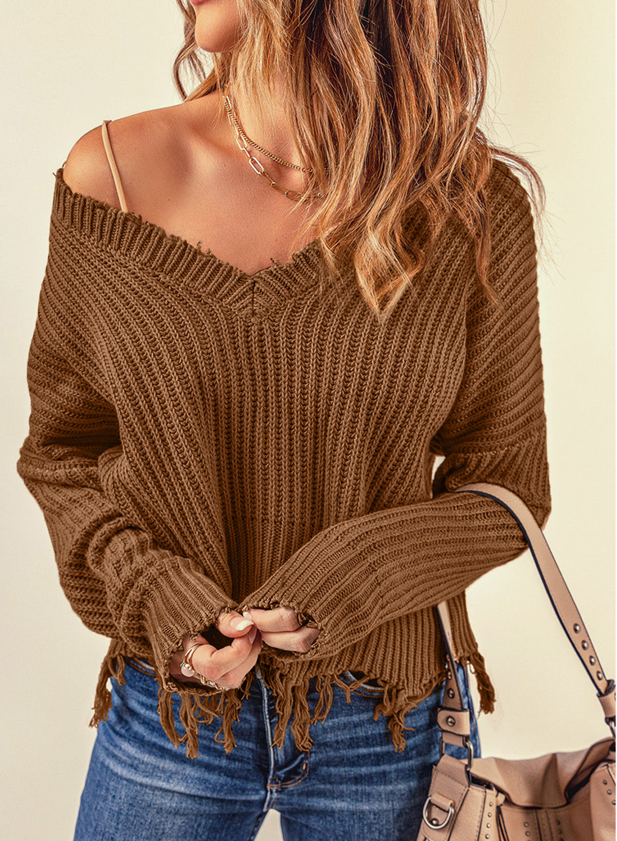 Fringe V-Neck Dropped Shoulder Sweater - Tantalize Boutique