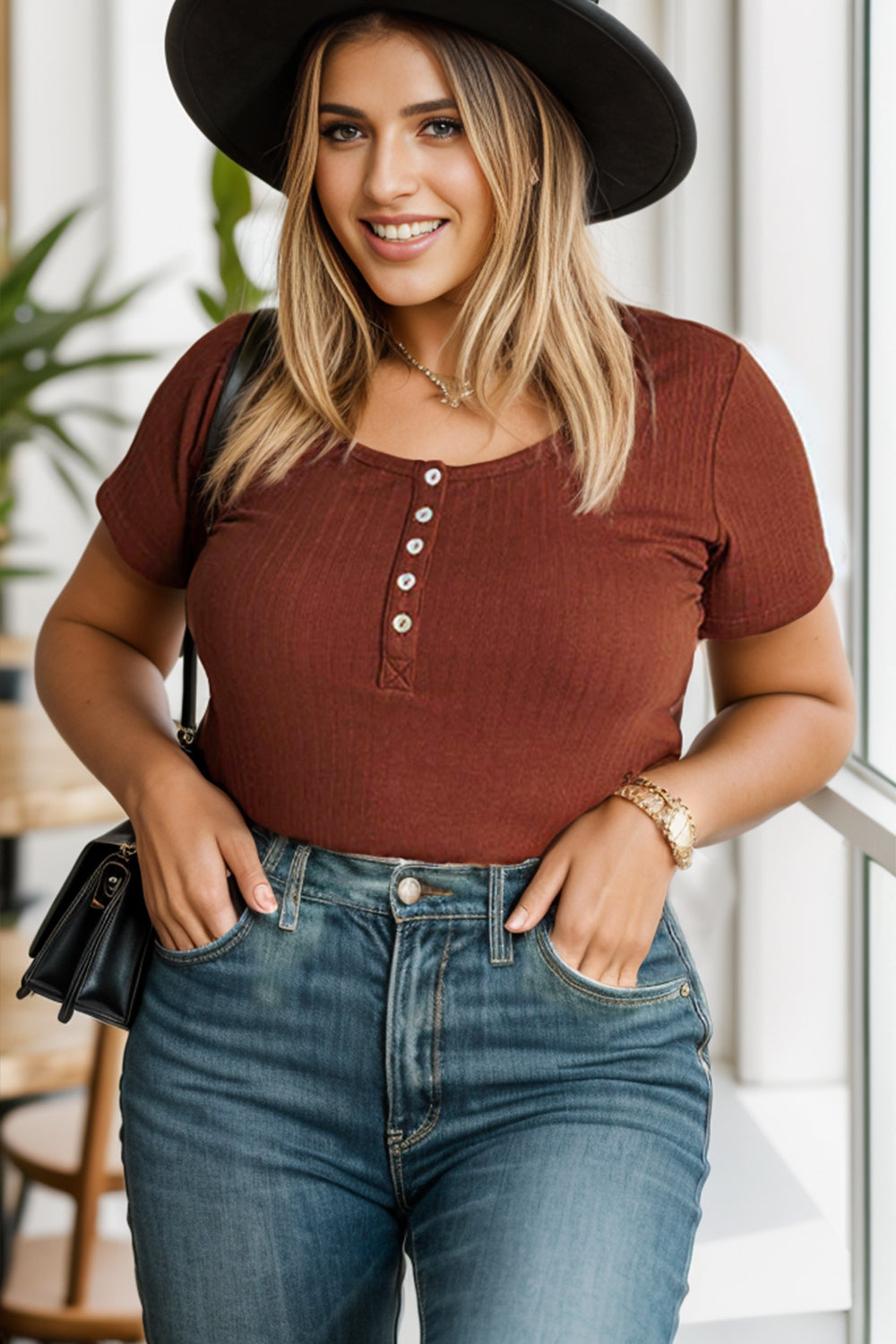 Plus Size Half Button Short Sleeve T-Shirt - Tantalize Boutique