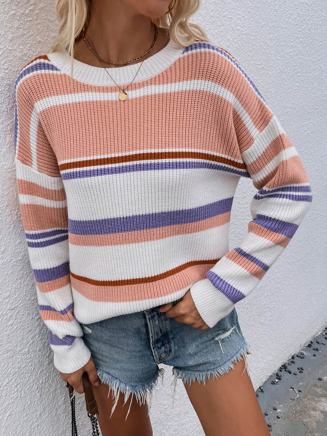 Striped Drop Shoulder Round Neck Pullover Sweater - Tantalize Boutique