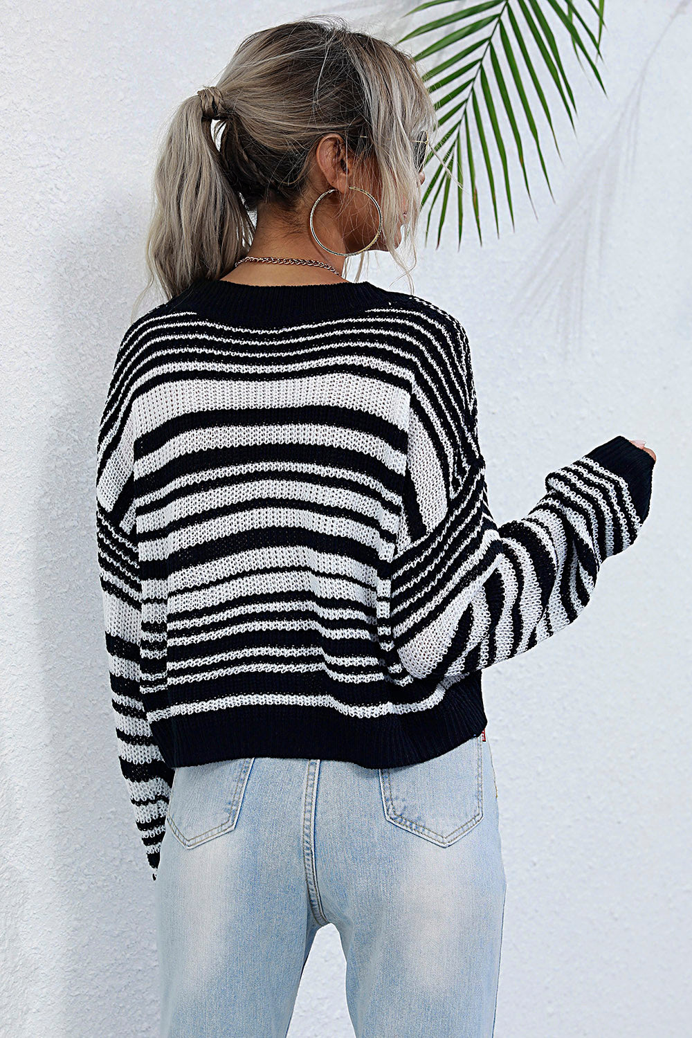 Striped Round Neck Dropped Shoulder Sweater - Tantalize Boutique