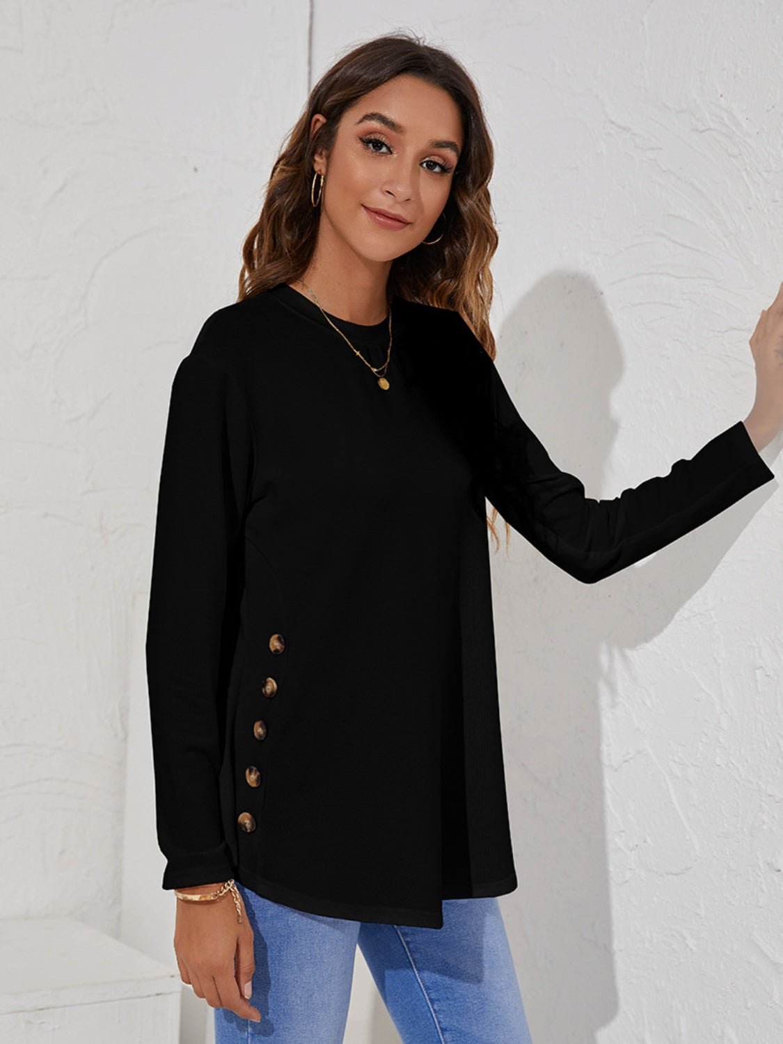 Decorative Button Round Neck Long Sleeve T-Shirt - Tantalize Boutique