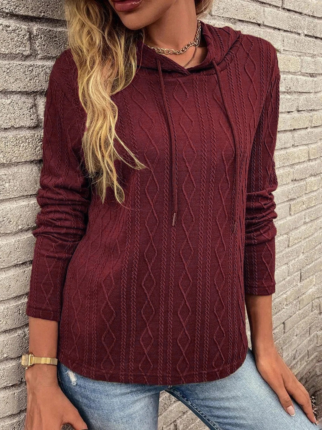 Cable-Knit Drawstring Hooded Knit Top - Tantalize Boutique