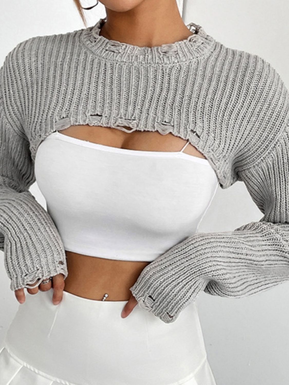 Distressed Long Sleeve Cropped Sweater - Tantalize Boutique