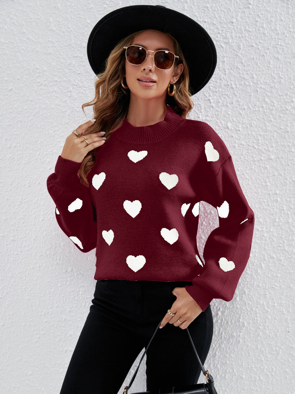 Heart Round Neck Dropped Shoulder Sweater - Tantalize Boutique