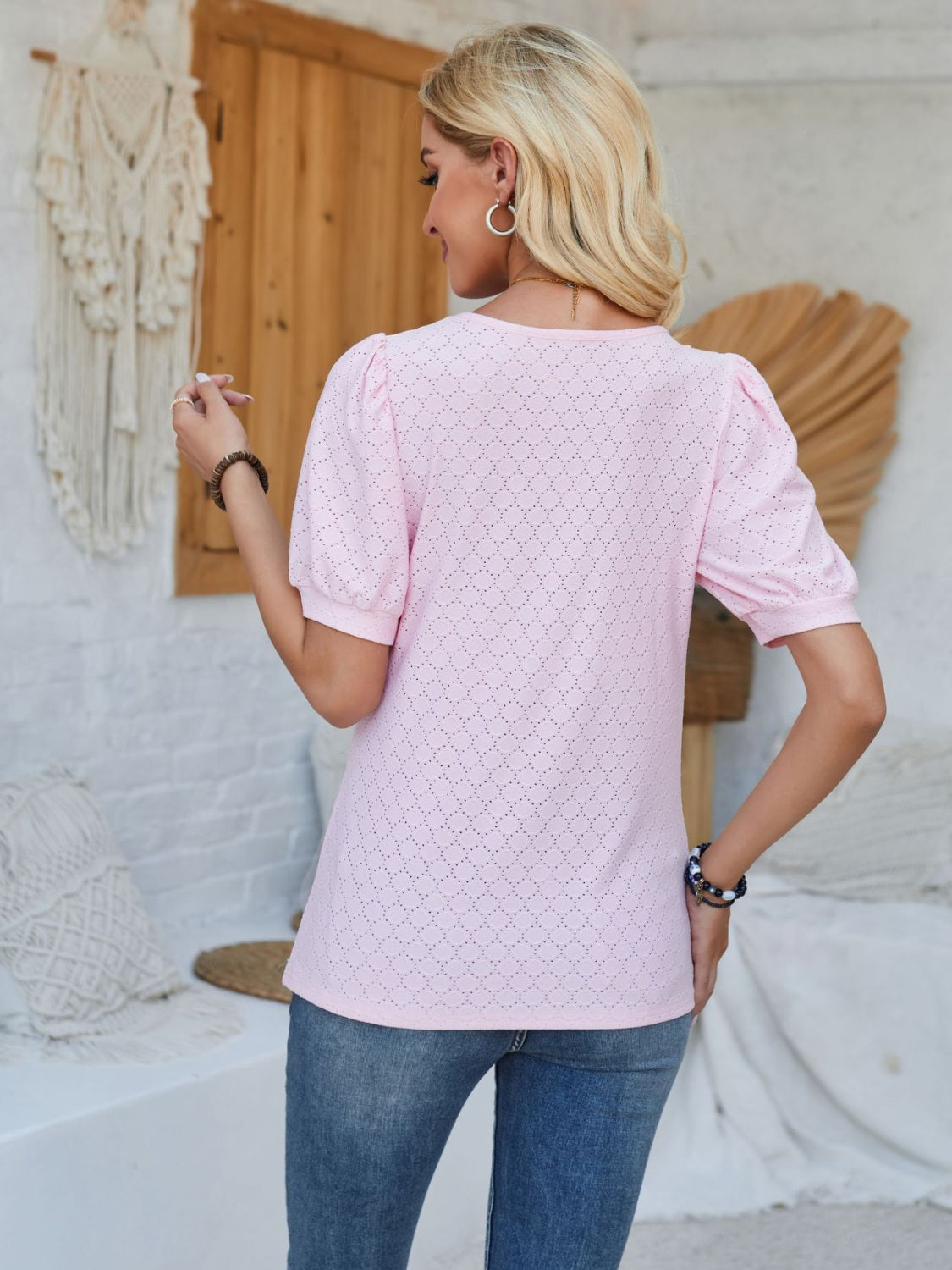 Eyelet Asymmetrical Neck Short Sleeve T-Shirt - Tantalize Boutique