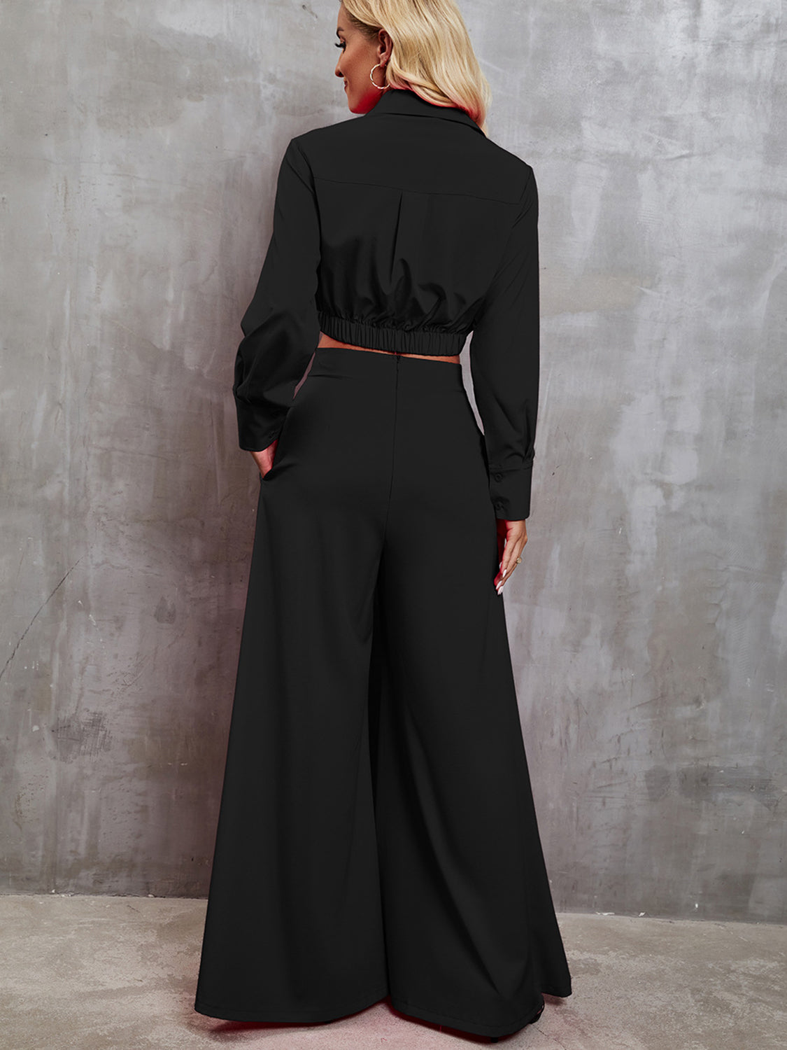 Collared Neck Long Sleeve Top and Wide Leg Pants Set - Tantalize Boutique