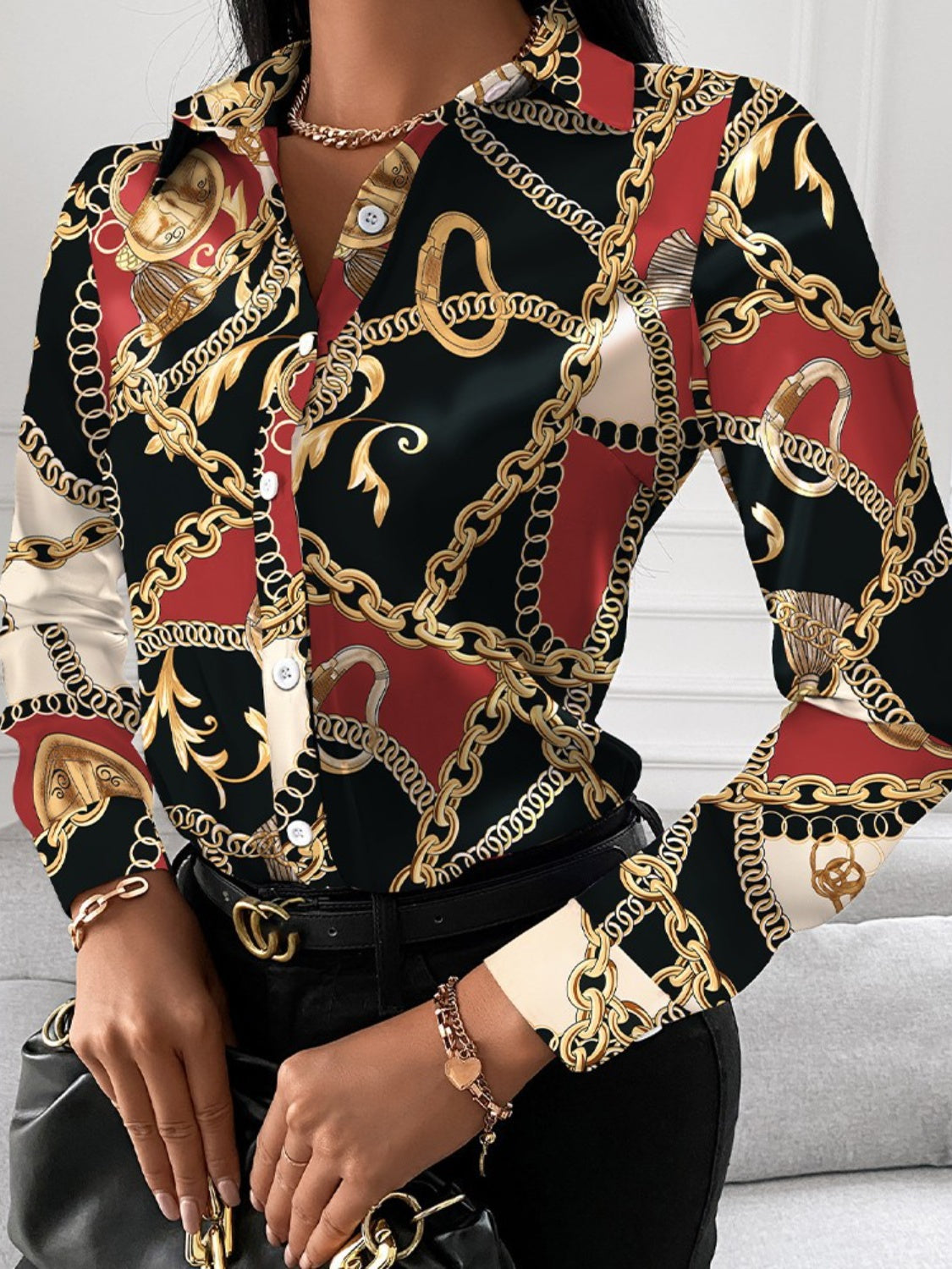 Printed Collared Neck Long Sleeve Shirt - Tantalize Boutique