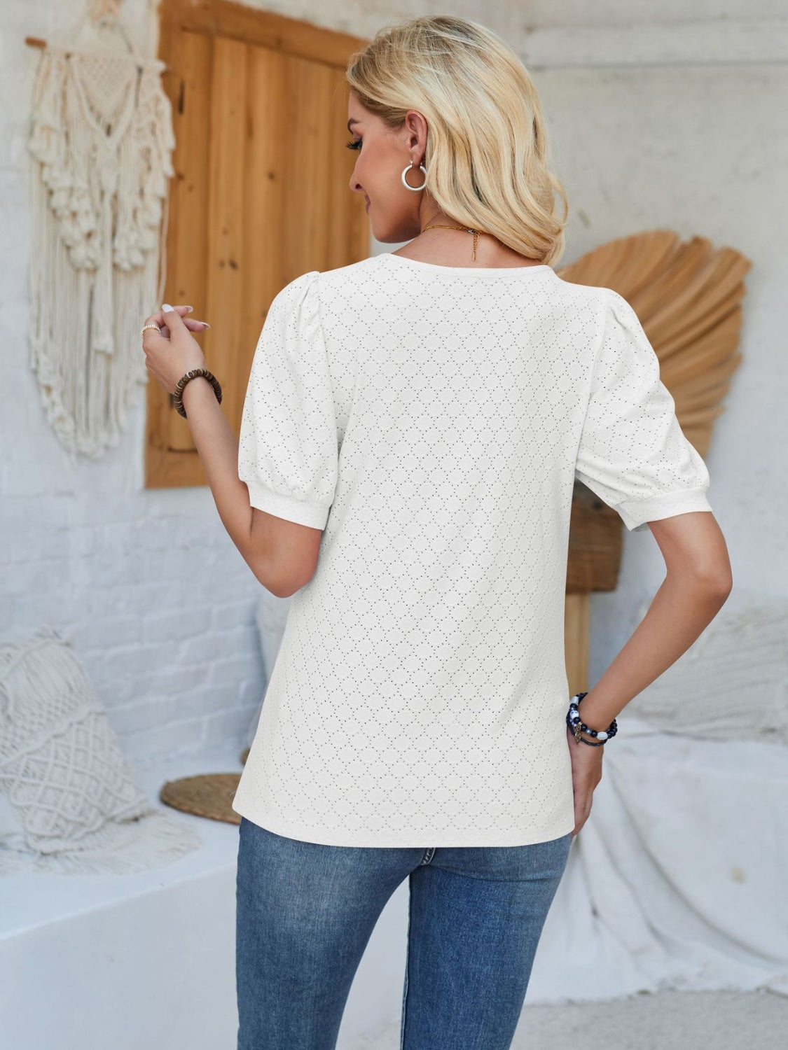 Eyelet Asymmetrical Neck Short Sleeve T-Shirt - Tantalize Boutique