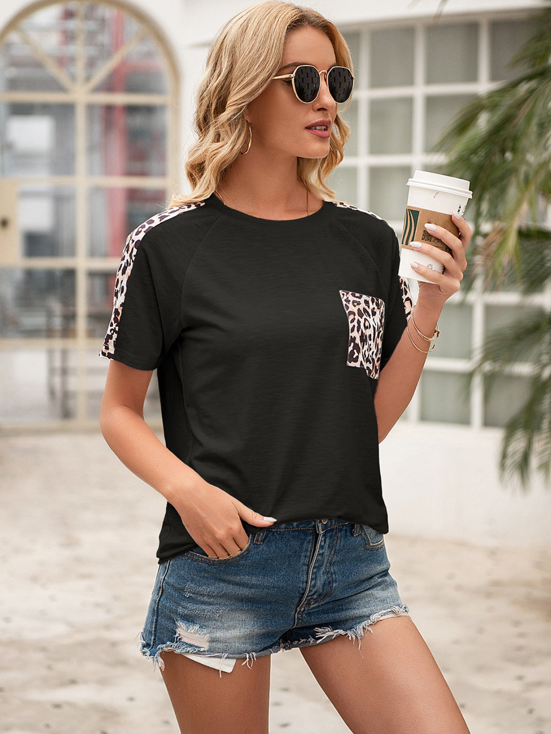 Pocketed Leopard Round Neck Short Sleeve T-Shirt - Tantalize Boutique