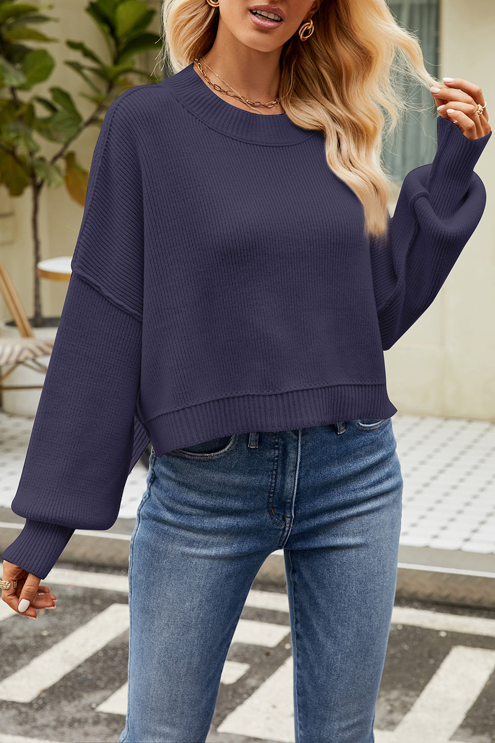 Round Neck Dropped Shoulder Sweater - Tantalize Boutique
