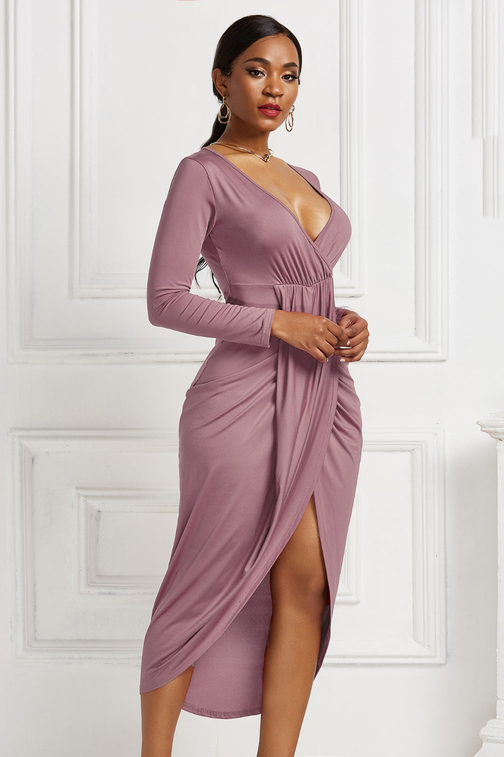 High-low Ruched Surplice Long Sleeve Dress - Tantalize Boutique