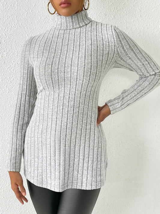 Ribbed Turtleneck Long Sleeve Slit T-Shirt - Tantalize Boutique