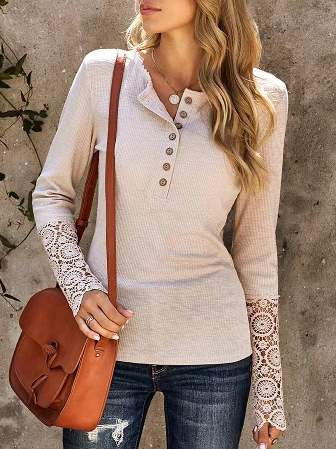 Lace Detail Half Button Long Sleve Knit Top - Tantalize Boutique