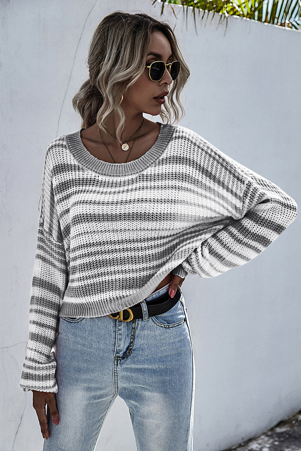 Striped Round Neck Dropped Shoulder Sweater - Tantalize Boutique