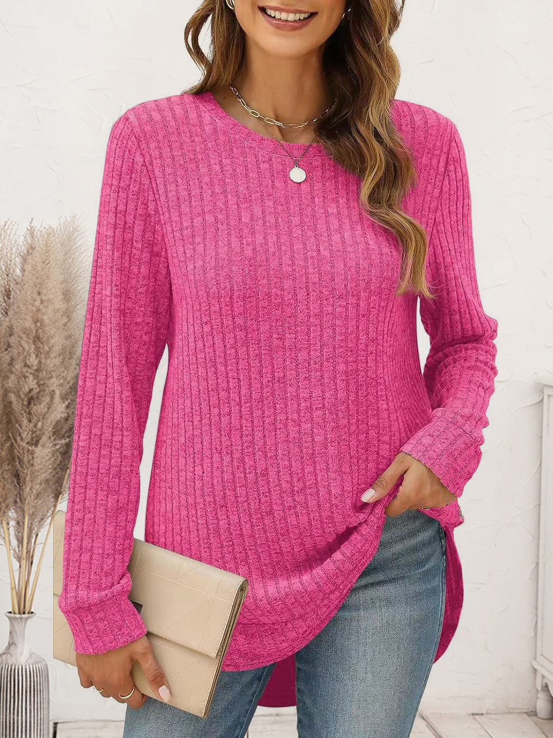 Ribbed Round Neck Long Sleeve T-Shirt - Tantalize Boutique