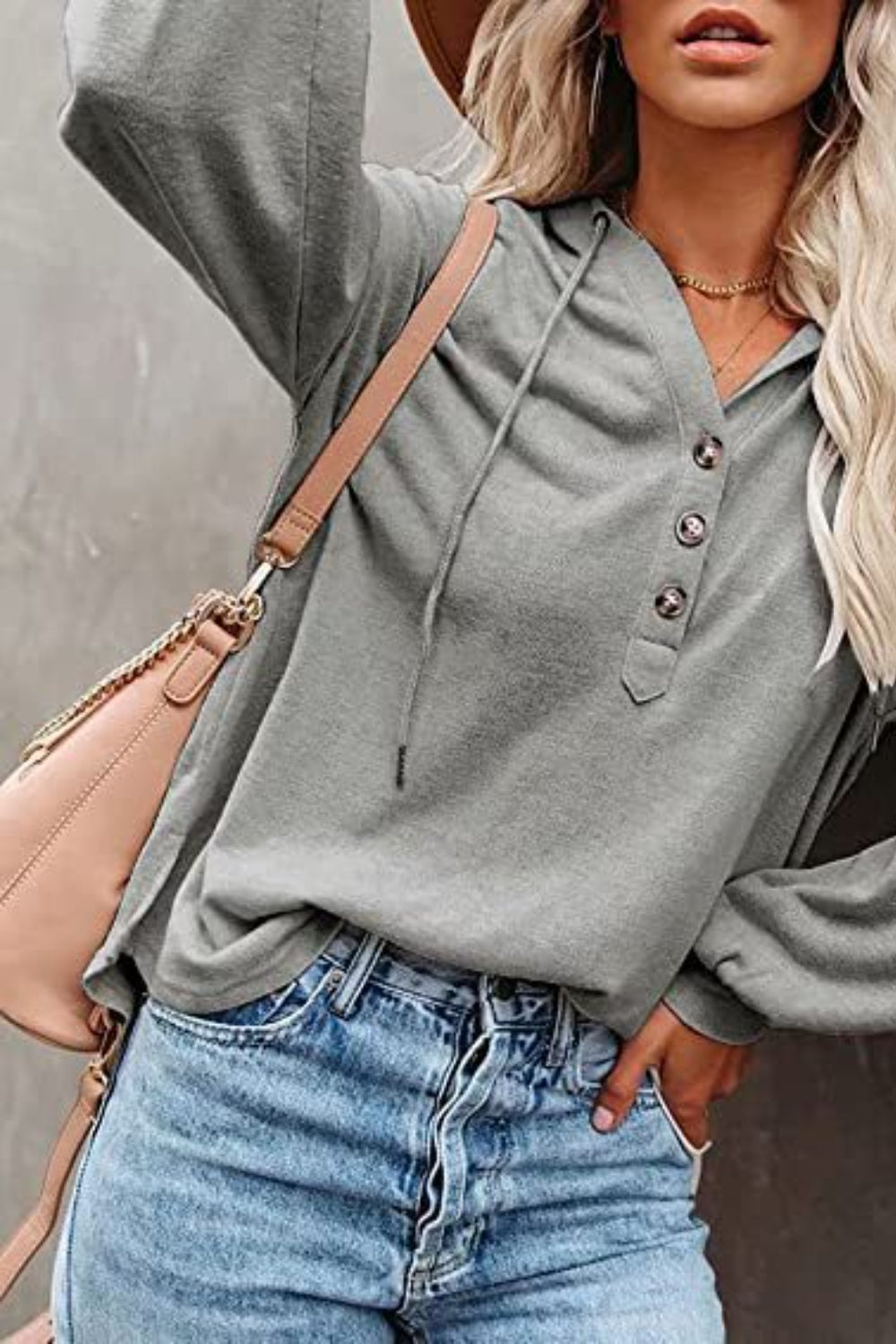 Buttoned Drop Shoulder Hoodie - Tantalize Boutique