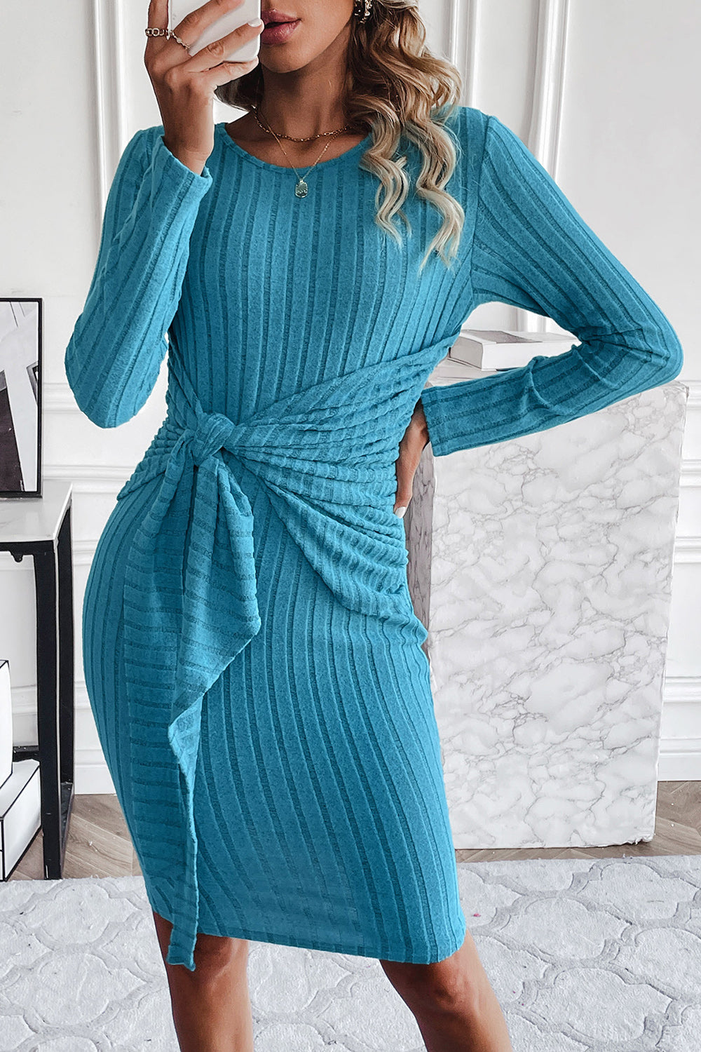 Ribbed Tied Long Sleeve Wrap Dress - Tantalize Boutique