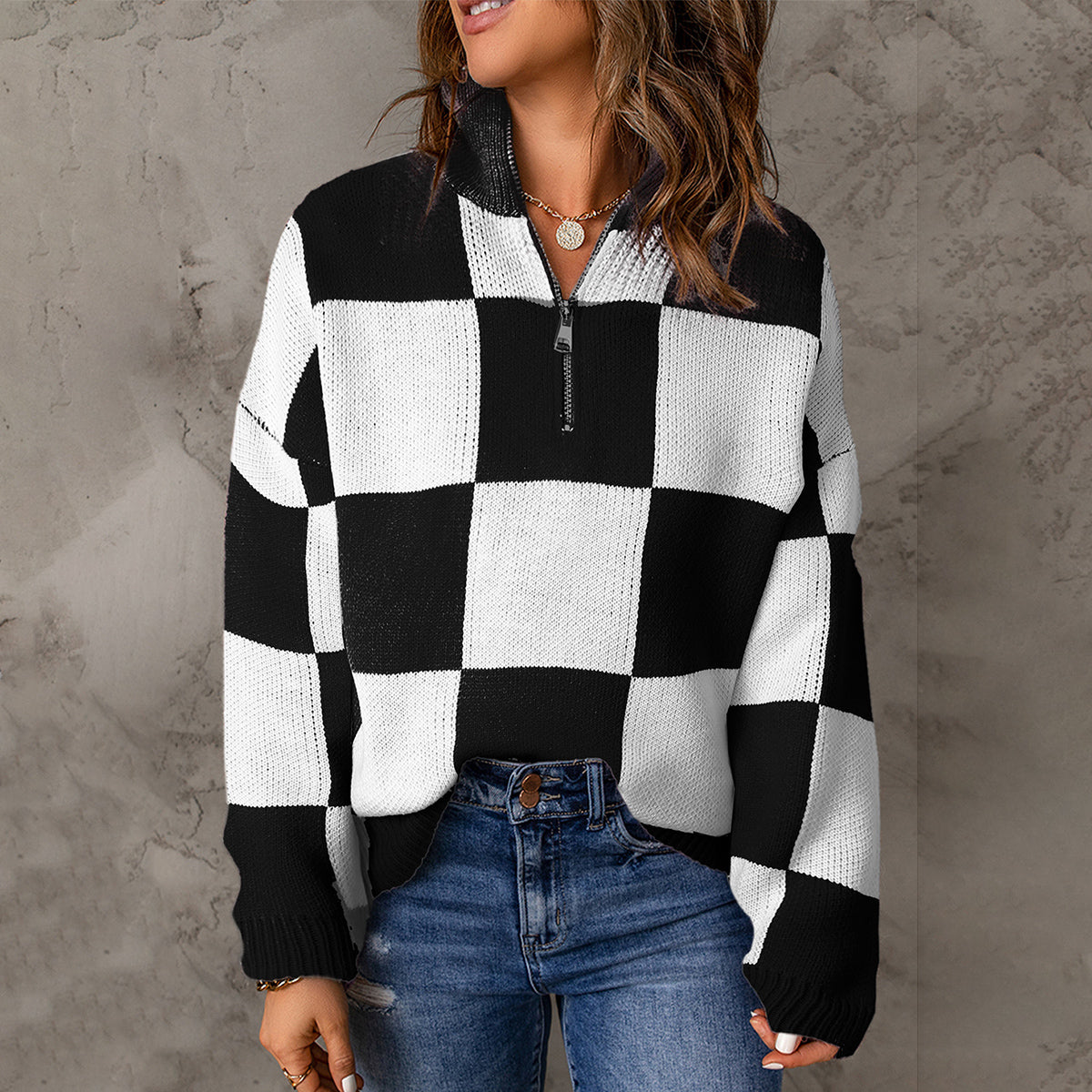 Checkered Half Zip Long Sleeve Sweater - Tantalize Boutique