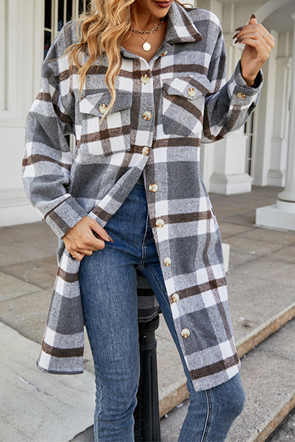 Plaid Button Up Collared Neck Coat with Pockets - Tantalize Boutique