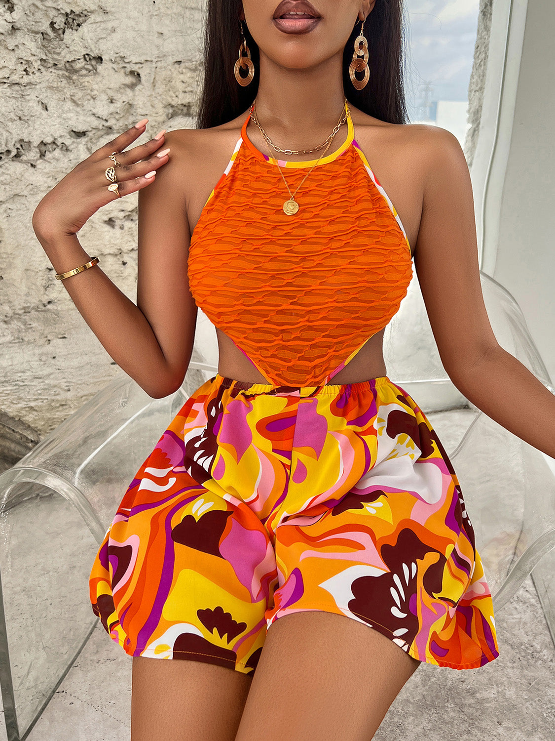 Sleeveless Cutout Printed Mini Dress - Tantalize Boutique