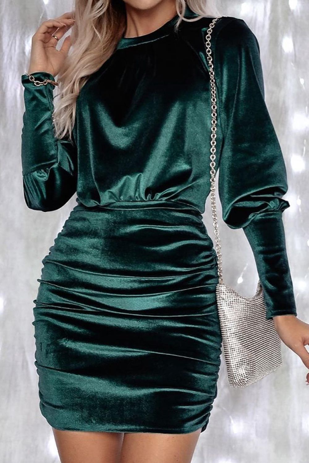 Ruched Round Neck Lantern Sleeve Mini Dress - Tantalize Boutique