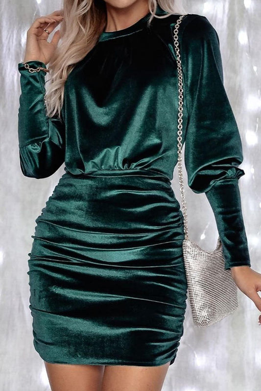 Ruched Round Neck Lantern Sleeve Mini Dress - Tantalize Boutique