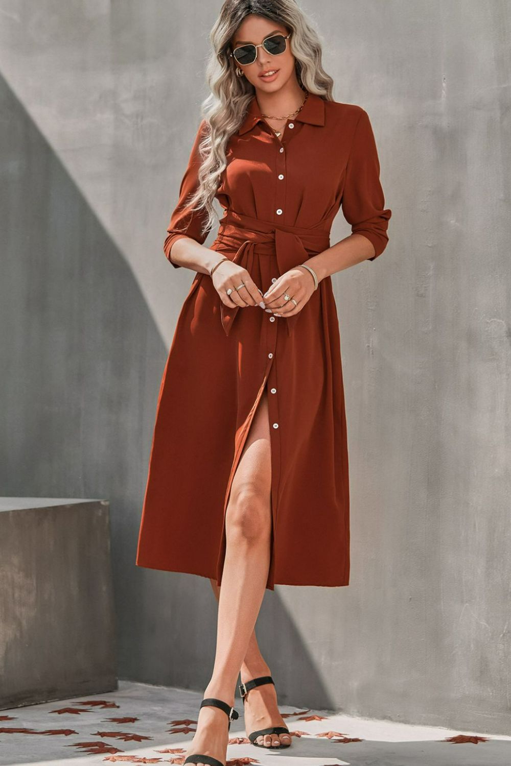Collared Neck Tie Waist Midi Shirt Dress - Tantalize Boutique